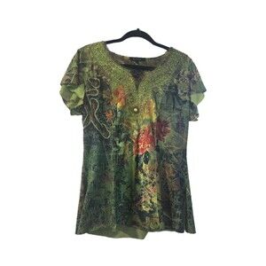 B.L.E.U. BLEU Top Women Medium Green Multi Print Beaded Fairy Ethereal Earthy